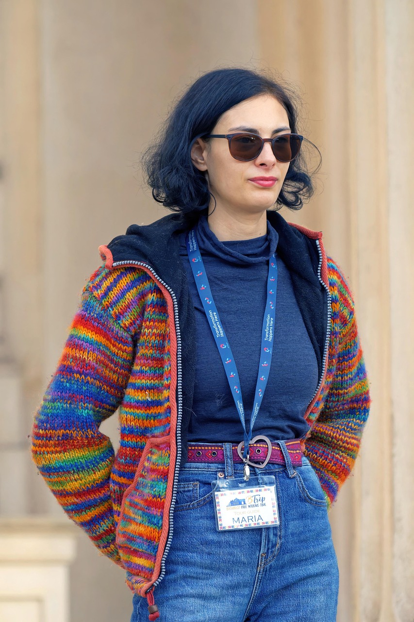 services-02 woman, guide, badge, young, girl, standing, outdoors, waiting, lifestyle