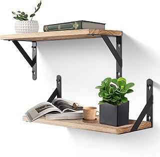 Étagère Murale, Uten Lot de 2 Etagere Murale en Bois Design Moderne, Longueur 42cm, Rustiques pour Cuisine, Salle de Bain, Salon, Bureau, Brun Clair