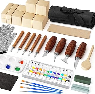 Kit Sculpture Bois, Outil de Ciseaux à Bois Kit, Couteau Sculpture Bois Kit avec Blocs de Sculpture en Tilleul, Sculpture Bois pour Débutants Professionnels, Gants Résistants aux Coupures, Sac Léger