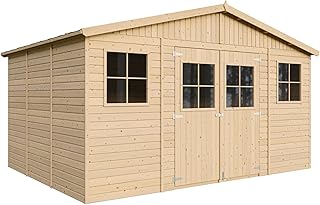 Abri de Jardin en Bois Naturel - Stockage extérieur avec fenêtres- H246x418x320 cm/12 m²- Hangar en Bois Naturel - Atelier Rangement Outils et vélos- Timbela M331