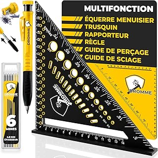 DROMME 5 en 1 Equerre Menuisier 180 mm + Crayon Chantier + Mines - Multifonction : Trusquin, Rapporteur, Gabarit de perçage, Règle, Équerre à chapeau – Alu Renforcé, Gravure Inaltérable
