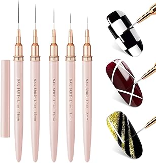 Pinceaux fins pour Nail Art, Lignes fines, et Gel, Professionnel, 5 Pièces, Ultra Fin, pour Gel, Acrylique, UV Construction, Set, Ongles, Liner Ongle, French (6/9/12/15/18 mm) (Rose)