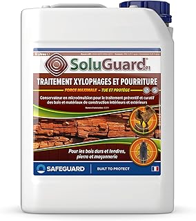 SoluGuard Traitement Xylophages et Pourriture du Bois - 5 L - Protection Fongicide Poutre, Charpente, Bois Intérieur et Extérieur - Protection Contre les Vrillettes, Termites et les Champignons