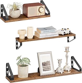 VASAGLE Étagère Murale, Tablette Flottante, Lot de 3, 2 Façons de Montage, Étagère de Rangement Suspendue, pour Salon, Cuisine, Bureau, Salle de Bain, Marron Rustique et Noir Mat LWS043K01